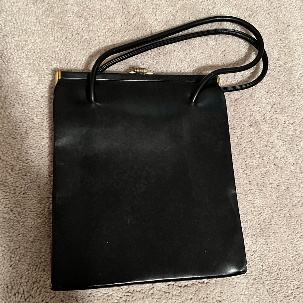 Vintage Designer 60s Dofan France Accordion style Black Leather handbag
